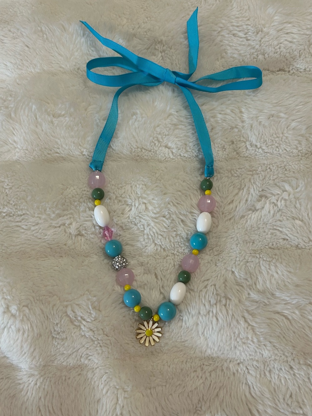 Stella & Dot Turquoise Ribbon Daisy Bead Child's Necklace with Multicolor Beads